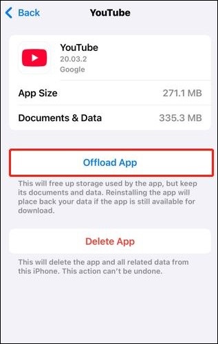 Tap on Offload App to clear YouTube’s cache on iOS