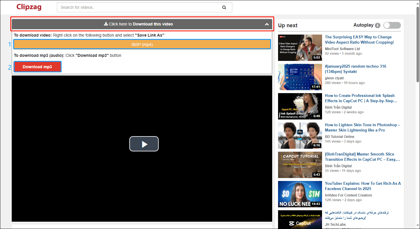 Erweitern Sie den Button „Klicken Sie hier, um dieses Video herunterzuladen“ und wählen Sie aus, ob Sie dieses Video im MP4- oder MP3-Format herunterladen möchten