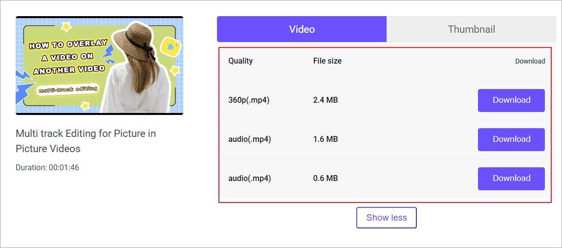 Online Video Downloader（viddown.net）からダウンロードオプションを選択