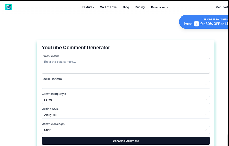 Use olly.social to generate YouTube comments