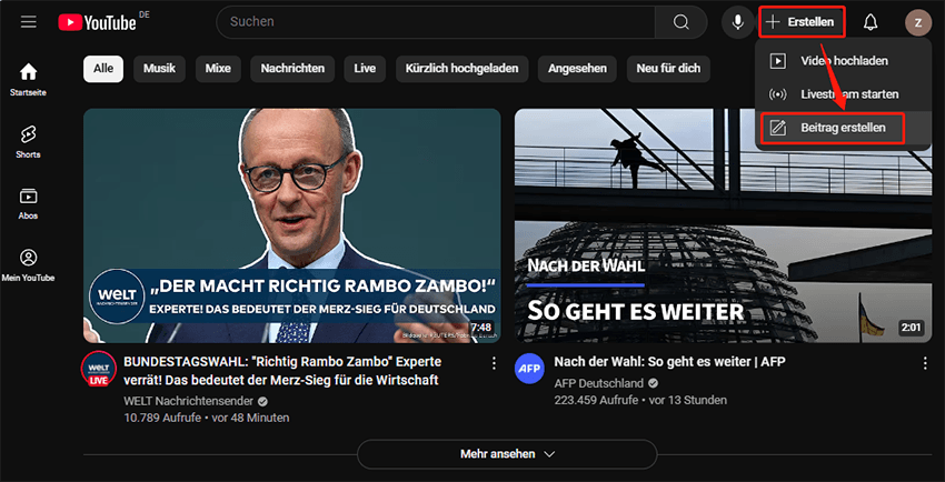 Klicken Sie auf Erstellen > Beitrag erstellen, um einen YouTube Community Beitrag auf YouTube hochzuladen