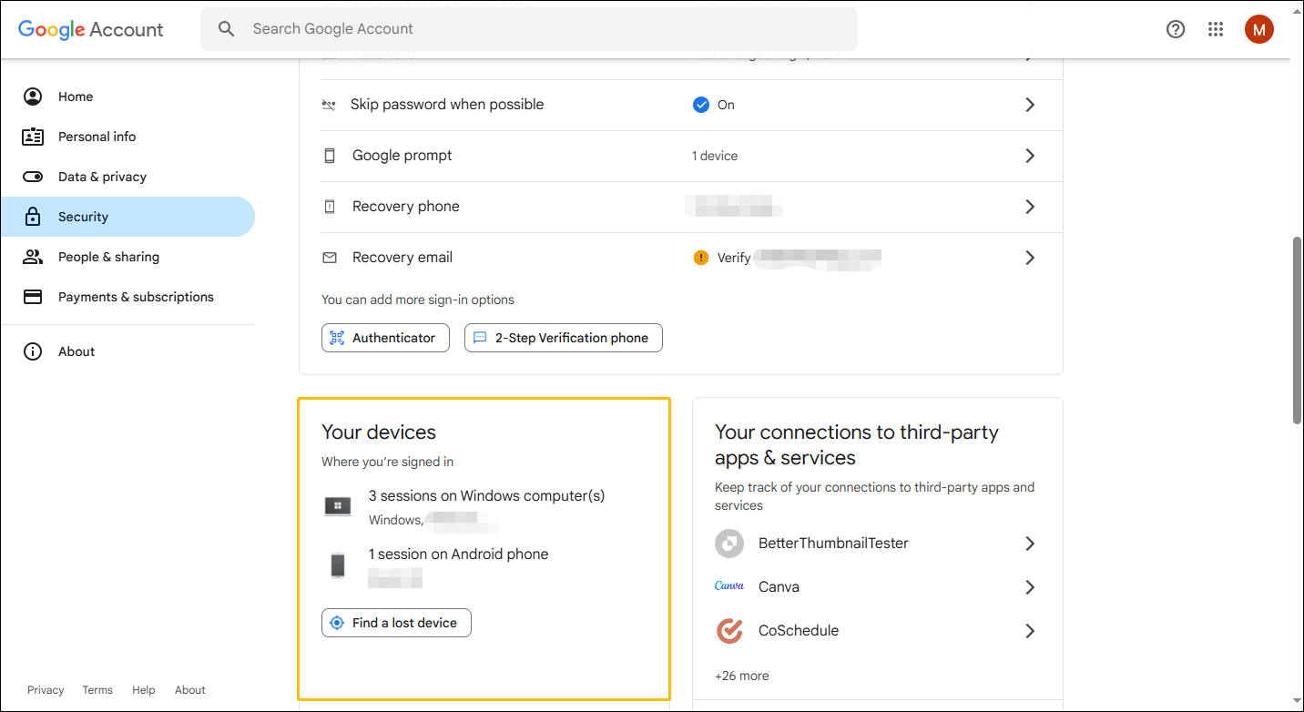 Click Your devices option under the Security tab