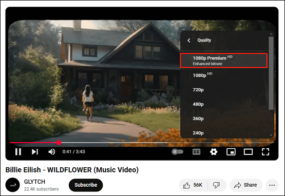 Click the 1080p Premium Enhanced bitrate option in the YouTube video player