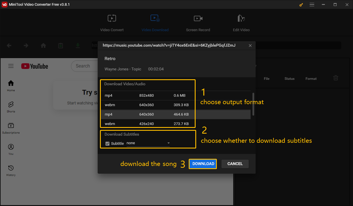 Choose an output format, select whether to download subtitles, and click the DOWNLOAD button