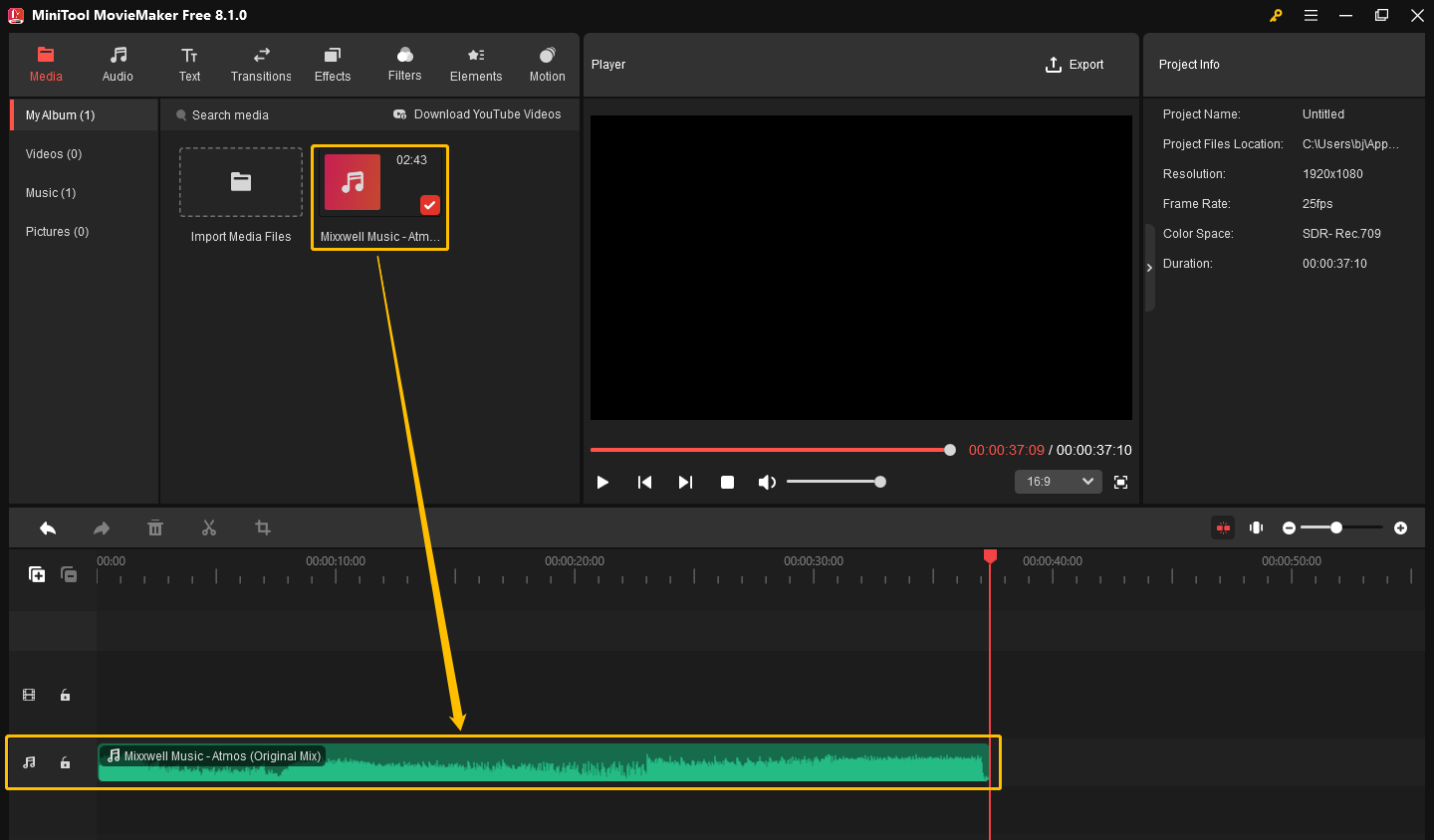 Drag and drop the audio file to the audio line