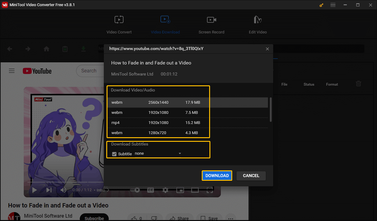 Set the output format, select whether to download the video subtitles, and click on DOWNLOAD