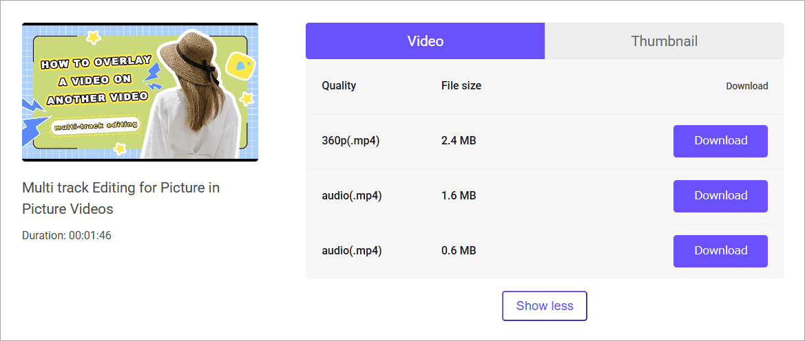 「Video」タブで必要な品質オプションを選択して「Download」をクリック