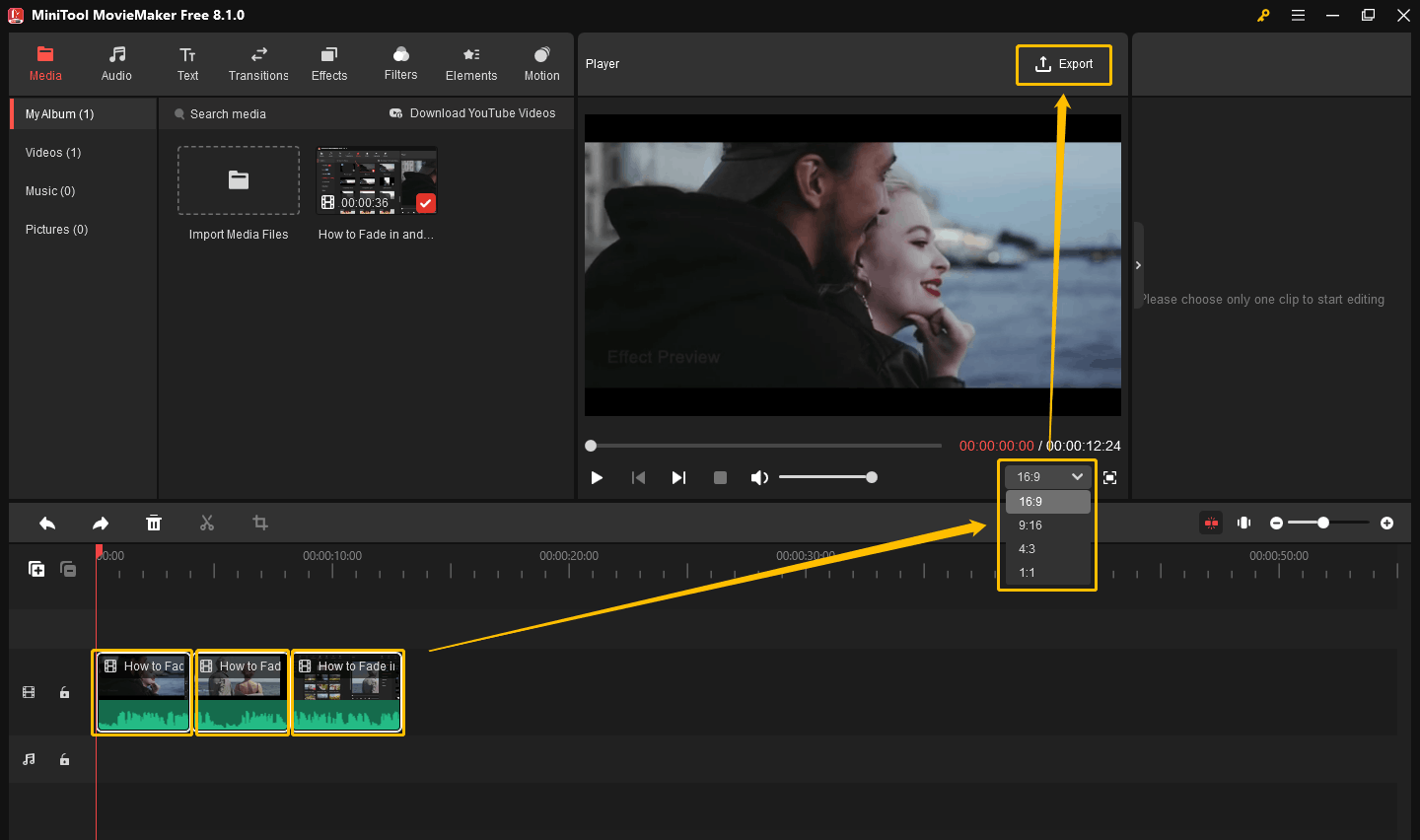 Select all the clips, choose the aspect ratio of 9:16, and export the video