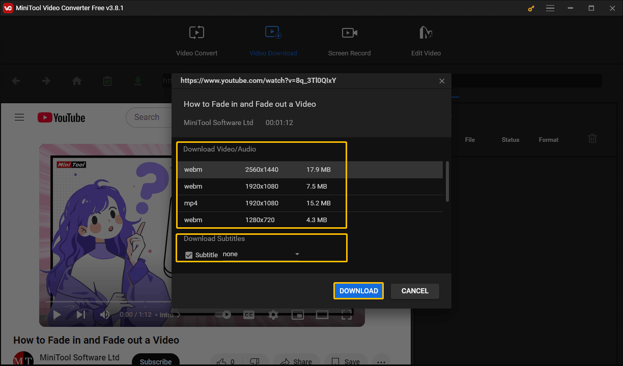 Select the output format of the video, choose to download subtitles or not, and click on DOWNLOAD