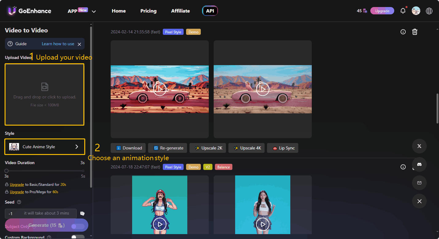 Upload your video to GoEnhance and choose an animation style