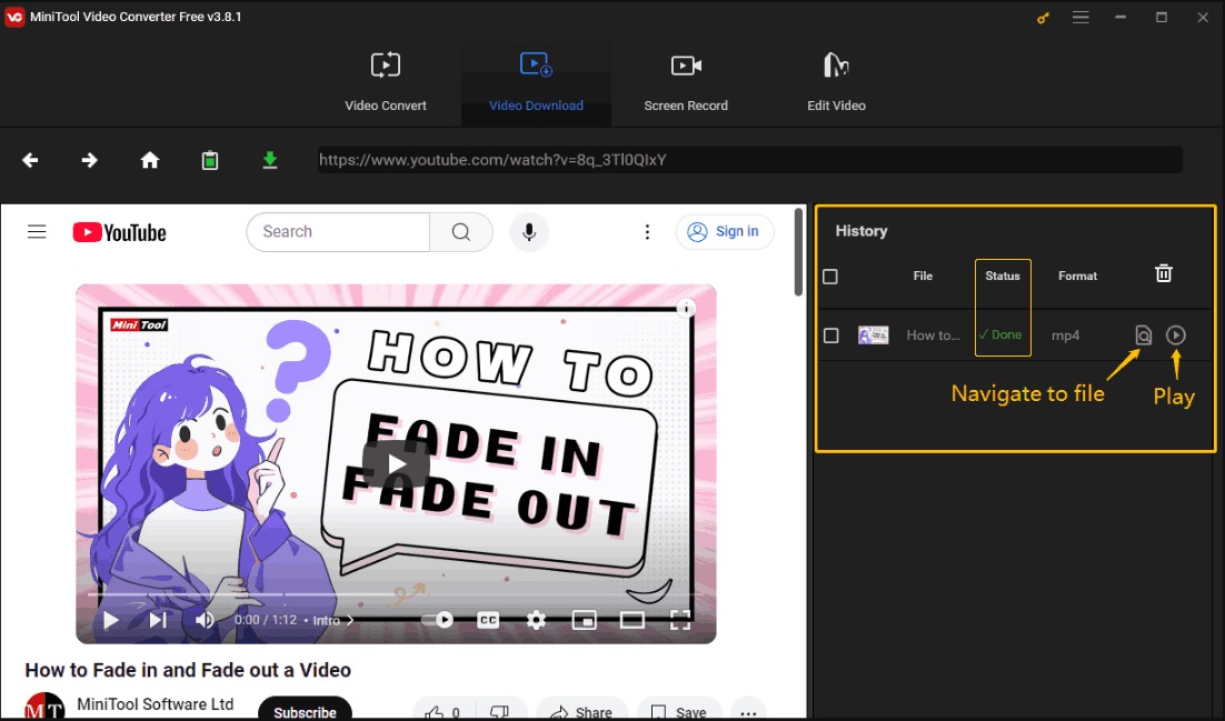 Click the Navigate to file icon to see where the video is saved and click the Play icon to preview the video