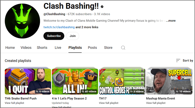 Go to Clash Bashing!! YouTube channel to watch Clash of Clans gameplay videos