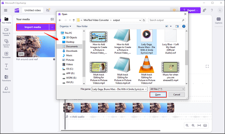 Click on Import media, select the music file, and press open to import the music to Clipchamp