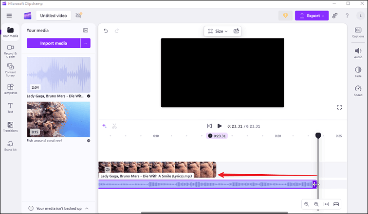 Drag the end of the audio clip on the timeline to adjust its length in Clipchamp