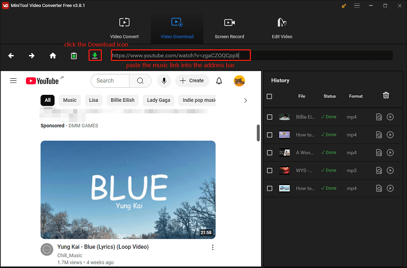Paste the music link into the address bar and click the Download icon in MiniTool Video Converter