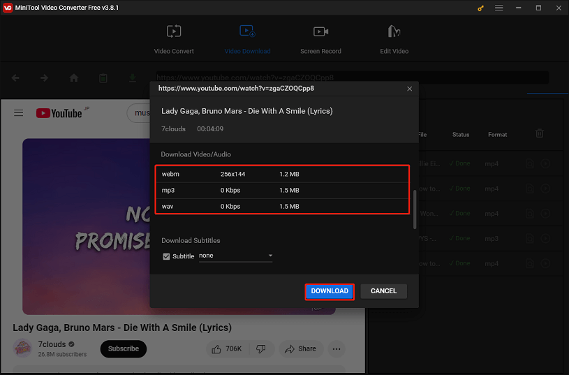 Choose the output format and quality, and click on DOWNLOAD to start downloading with MiniTool Video Converter