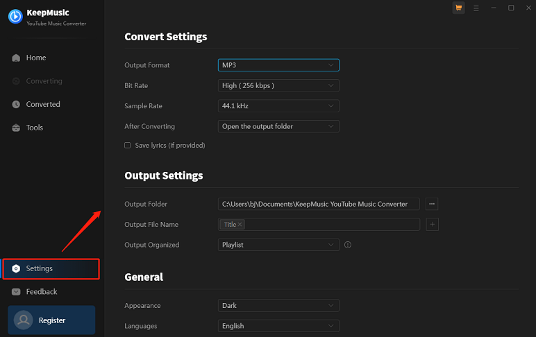 Go to Settings to specify the download settings in KeepMusic YouTube Music Converter