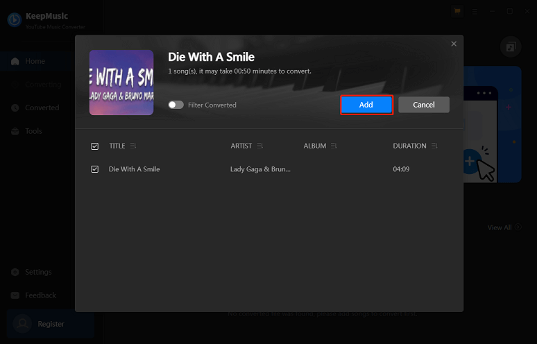 Click on Add to add the music to the conversion list in KeepMusic YouTube Music Converter