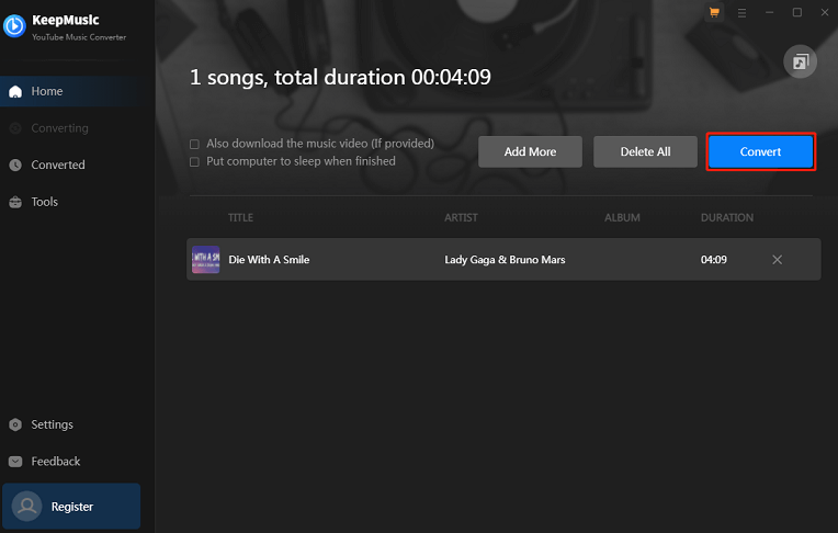 Click on Convert to begin the download process in KeepMusic YouTube Music Converter