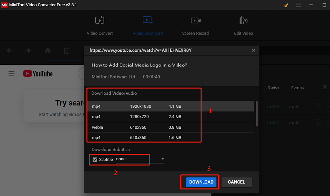 Choose a video format, ensure whether to download subtitles, and press DOWNLOAD in MiniTool Video Converter