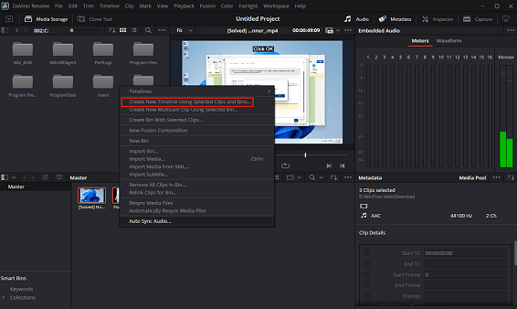 Right-click inside the media pool and choose Create New Timelines Using Selected Clips and Bins to create a timeline in DaVinci Resolve