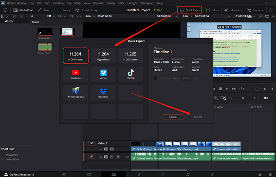 Click on Quick Export, choose the video codec or platform, and click on Export in DaVinci Resolve