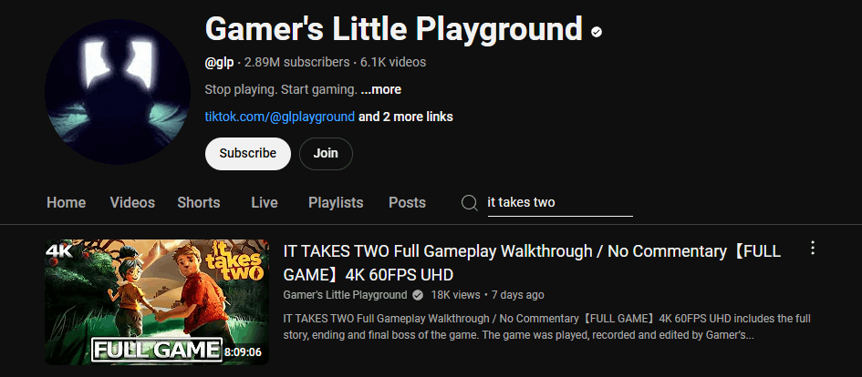 The channel page of Gamer’s Little Playground