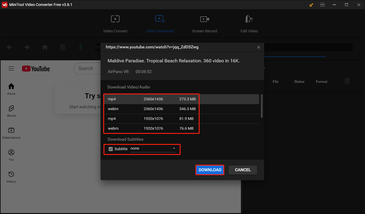 Select an output format, choose whether to download video subtitles, and click on DOWNLOAD in MiniTool Video Converter