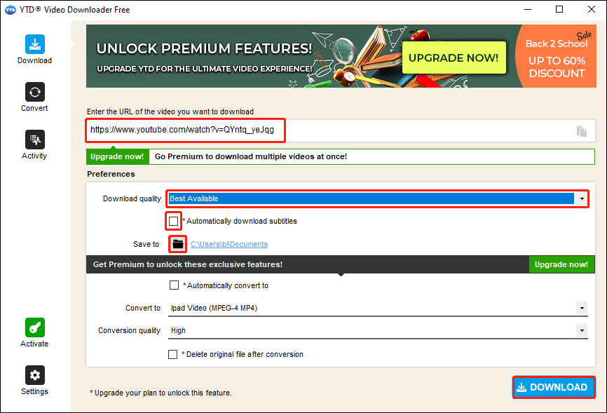 Paste URL, choose download quality, select whether to download subtitles, set the save location, and click on DOWNLOAD