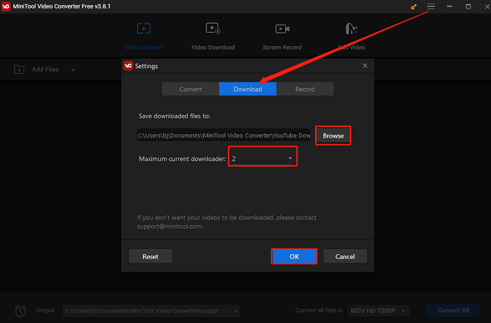 Customize download settings in MiniTool Video Converter