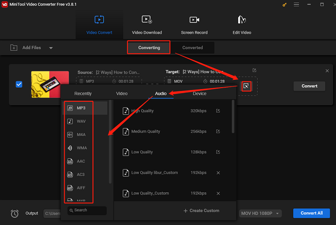 Under Converting, click on diagonal arrow > Audio to choose a desired audio format in MiniTool Video Converter