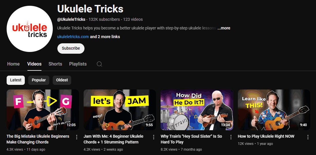 The channel homepage of Ukulele Tricks