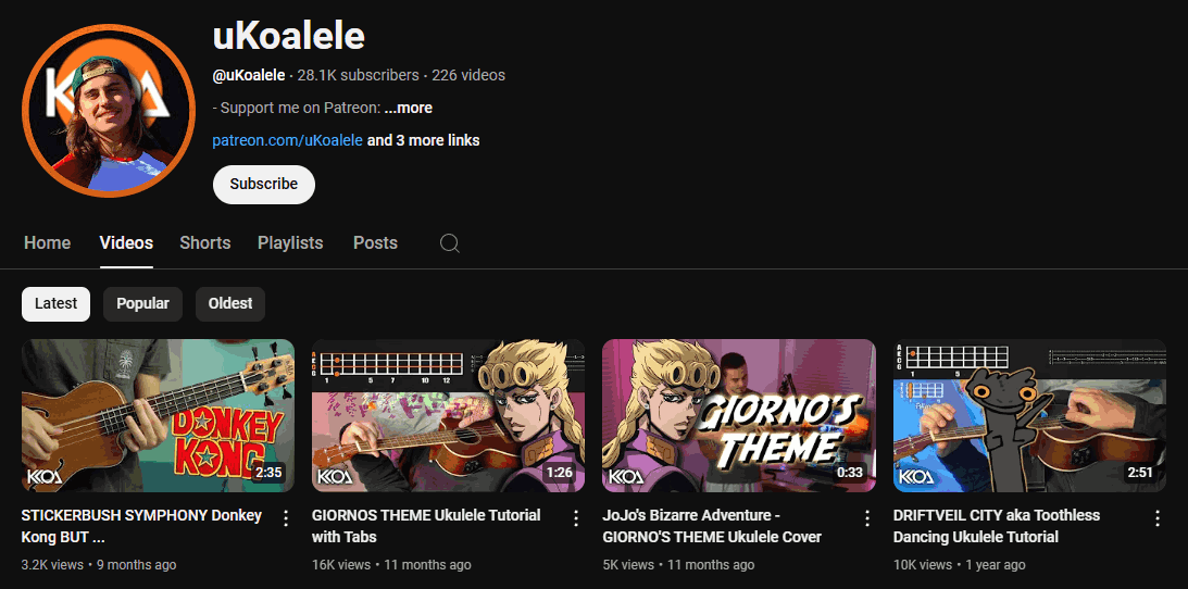 The channel homepage of ukoalele