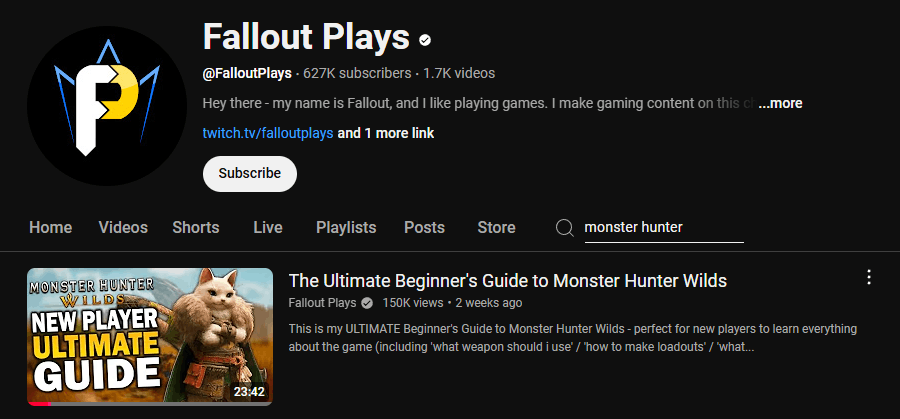 The channel homepage of Fallout Plays