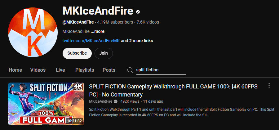 The channel homepage of MKIceAndFire