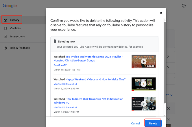 Click Delete to confirm deleting YouTube activities