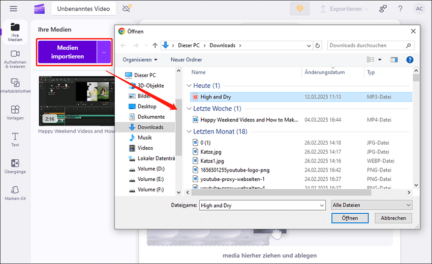 Klicken Sie auf Medien importieren, wählen Sie die Musikdatei aus und drücken Sie auf Öffnen, um die Musik in Clipchamp zu importieren.