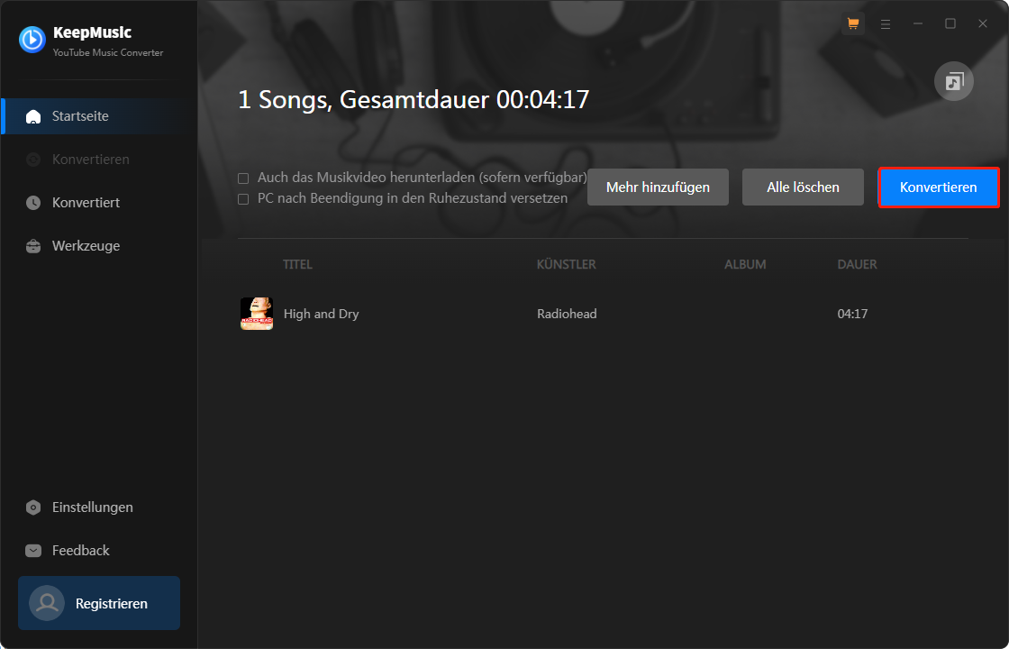 Klicken Sie auf Konvertieren, um den Download-Prozess im KeepMusic YouTube Music Converter zu starten.