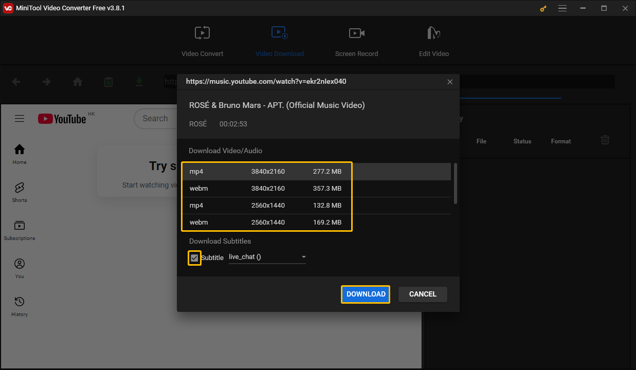 Select an output format of the MV, tick on the Subtitle option, and click on DOWNLOAD