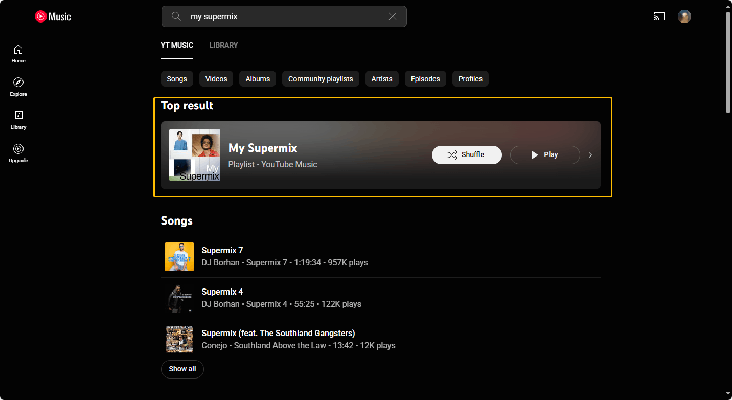 Find My Supermix in the search results on the YouTube Music website