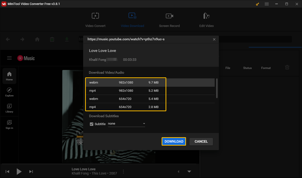 Choose the output format and click on DOWNLOAD in MiniTool Video Converter