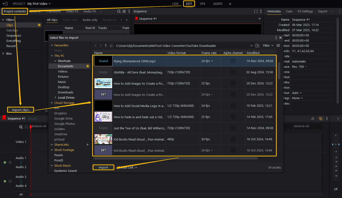 Choose the EDIT tab, select Project contents, click the Import clips button, select an audio file, and click on Import