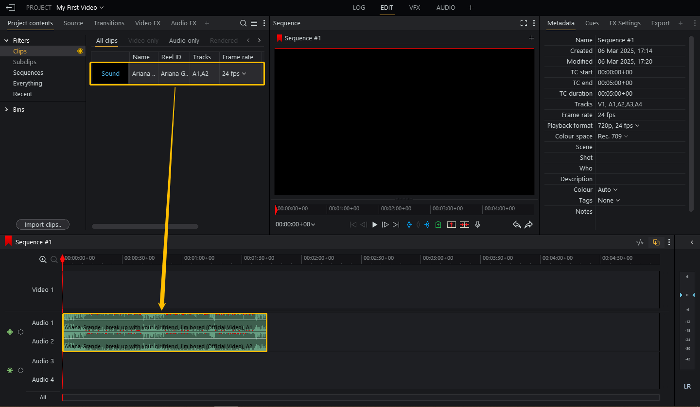 Drag and drop the video into the audio track