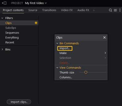 Under the Project contents tab, right-click in a blank area, and select the Import option