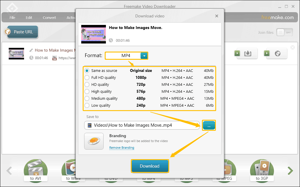 Select output format, choose a video quality, set the save location on your computer, and click on Download