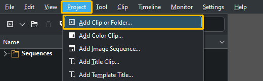 Choose the Project tab and select Add Clip or Folder