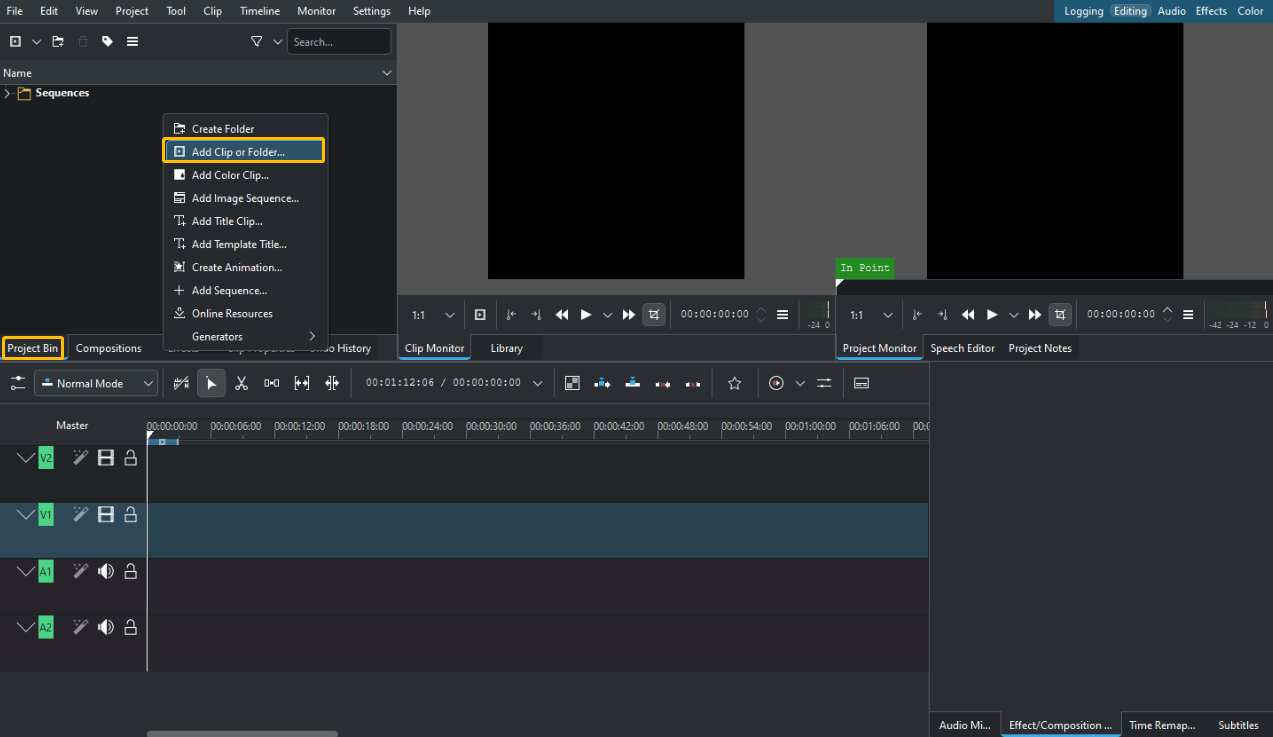 Right-click in the Project Bin window and select Add Clip or Folder