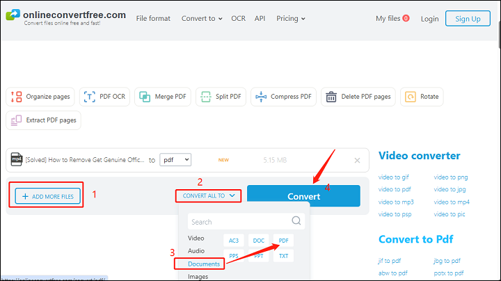 Click on ADD MORE FILES > CONVERT ALL TO > Documents > PDF > Convert to convert YouTube video to PDF in Onlineconvertfree