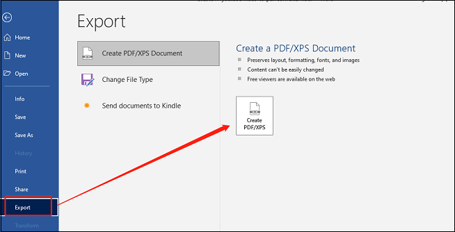 Go to File > Export > Create PDF/XPS to export YouTube video subtitles to PDF in Microsoft Word