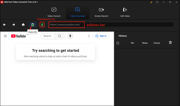 Click on Paste URL or paste the link into the address bar and click on Download in MiniTool Video Converter
